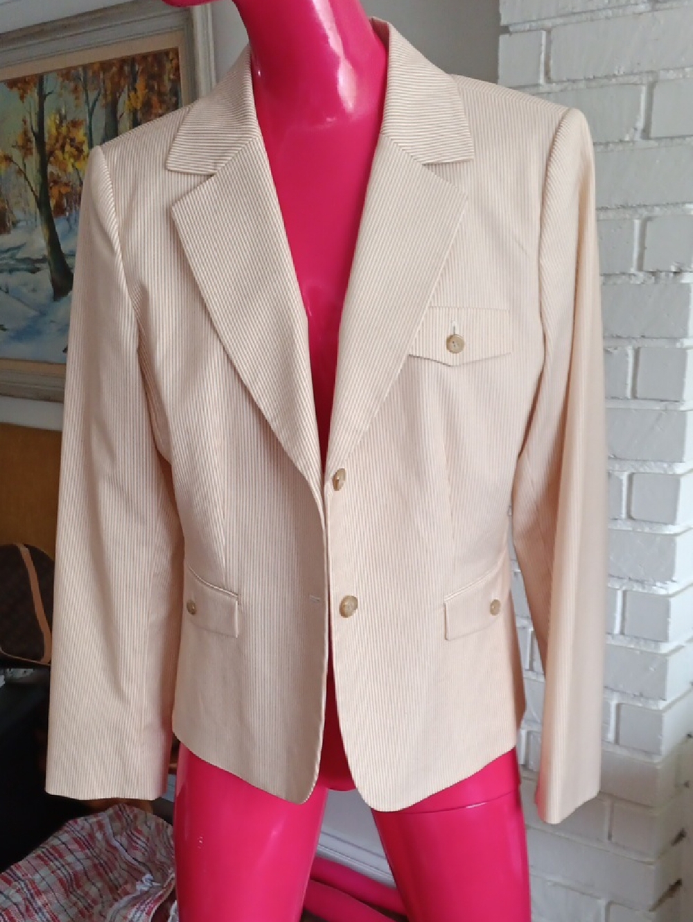 Tahari Cream and Pink Pinstripe Blazer with Gold Buttons